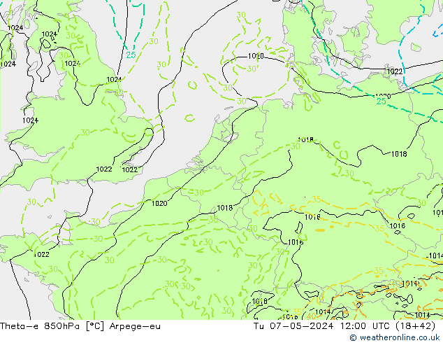 Theta-e 850hPa Arpege-eu  07.05.2024 12 UTC