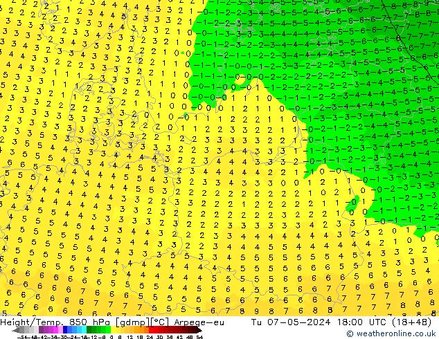 Géop./Temp. 850 hPa Arpege-eu mar 07.05.2024 18 UTC