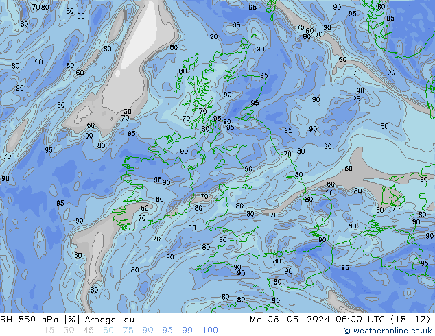 RH 850 hPa Arpege-eu Seg 06.05.2024 06 UTC