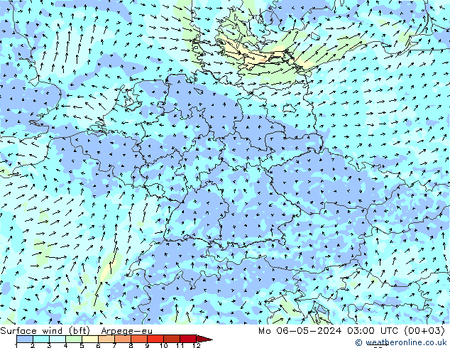 �N 10 米 (bft) Arpege-eu 星期一 06.05.2024 03 UTC