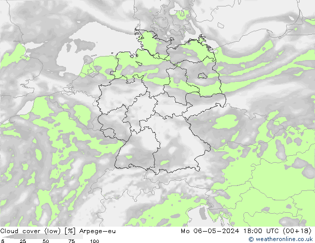 Cloud cover (low) Arpege-eu Mo 06.05.2024 18 UTC