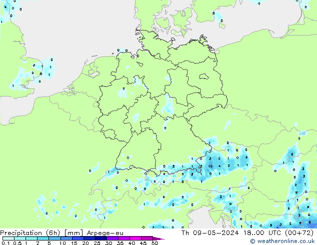 Precipitation (6h) Arpege-eu Čt 09.05.2024 00 UTC