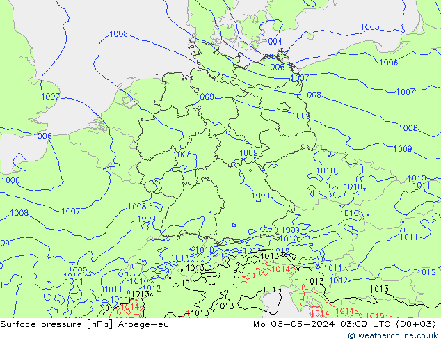 Surface pressure Arpege-eu Mo 06.05.2024 03 UTC