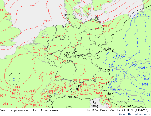 Surface pressure Arpege-eu Tu 07.05.2024 03 UTC
