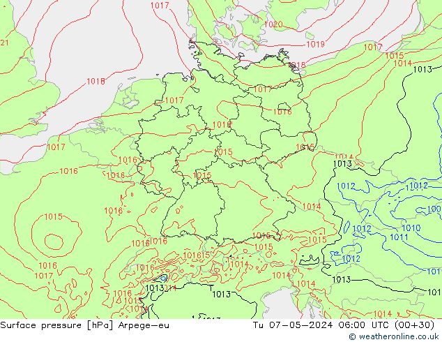 Surface pressure Arpege-eu Tu 07.05.2024 06 UTC