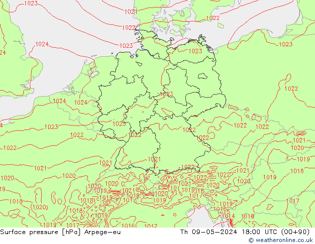 Surface pressure Arpege-eu Th 09.05.2024 18 UTC