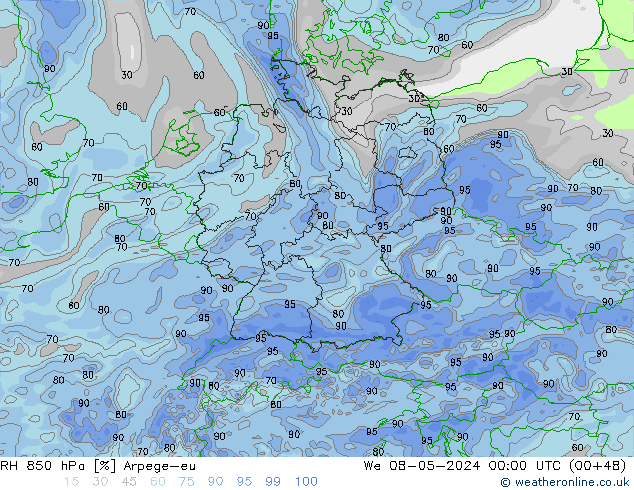 RH 850 hPa Arpege-eu We 08.05.2024 00 UTC