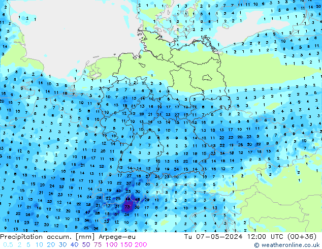 Toplam Yağış Arpege-eu Sa 07.05.2024 12 UTC