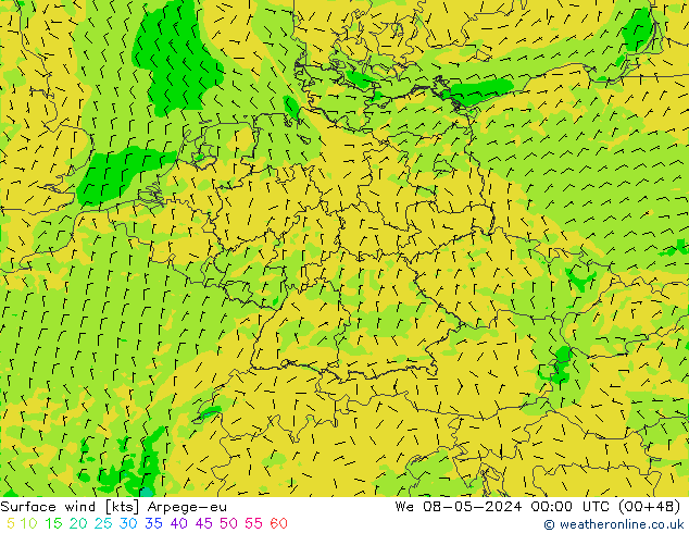 Vento 10 m Arpege-eu mer 08.05.2024 00 UTC