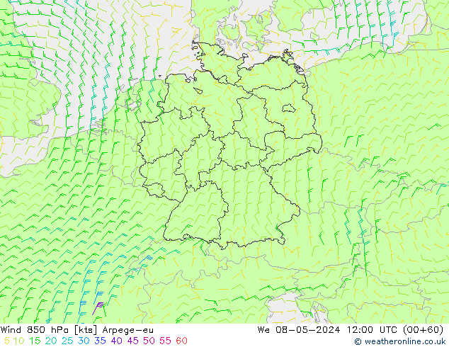 Viento 850 hPa Arpege-eu mié 08.05.2024 12 UTC