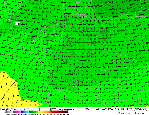 Height/Temp. 700 hPa Arpege-eu Qua 08.05.2024 18 UTC