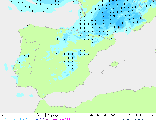 Precipitation accum. Arpege-eu Mo 06.05.2024 06 UTC