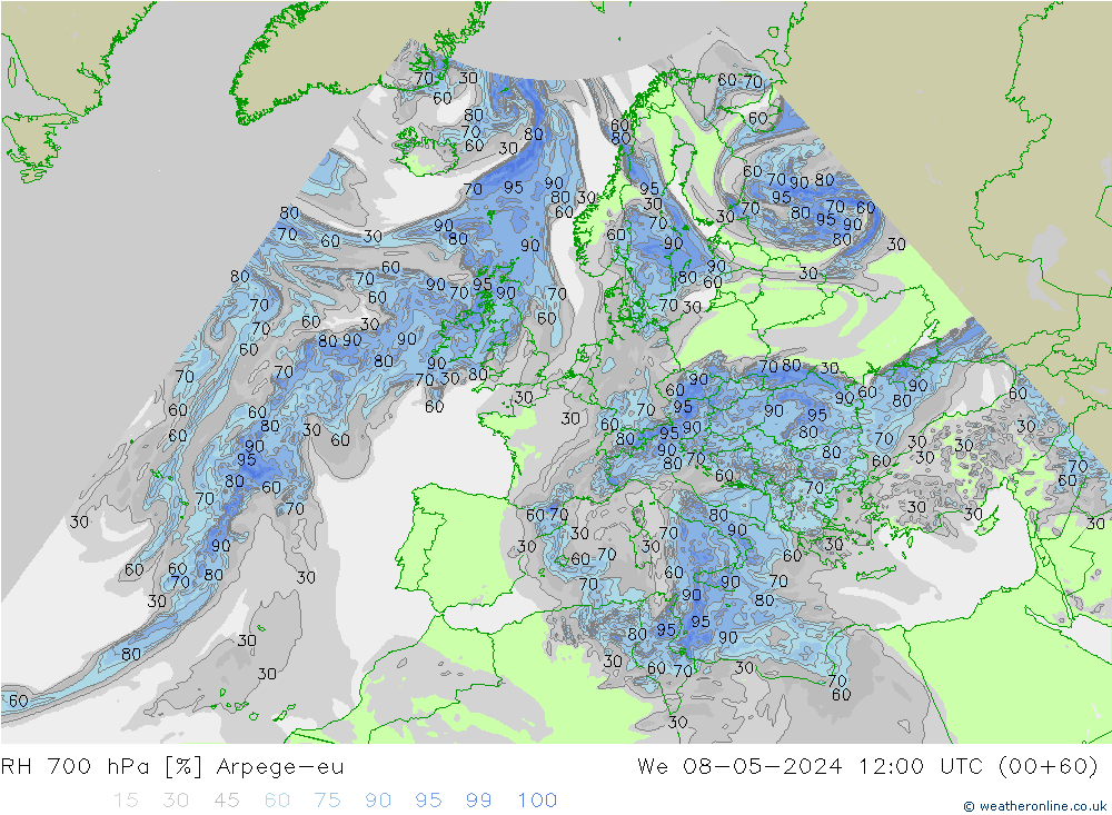 RH 700 hPa Arpege-eu mer 08.05.2024 12 UTC