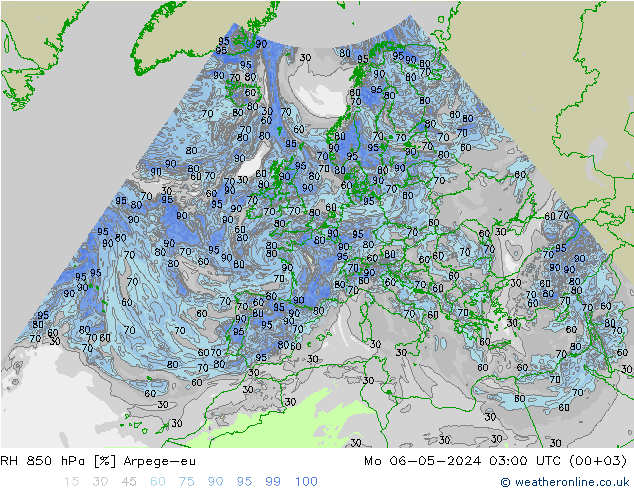 850 hPa Nispi Nem Arpege-eu Pzt 06.05.2024 03 UTC