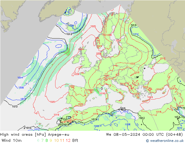 High wind areas Arpege-eu St 08.05.2024 00 UTC