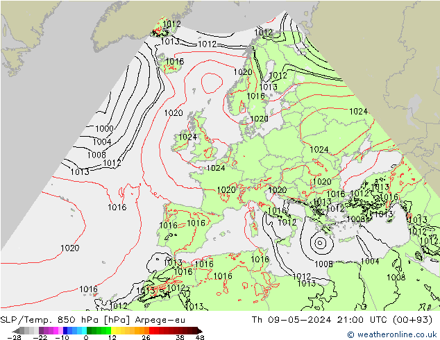 SLP/Temp. 850 hPa Arpege-eu  09.05.2024 21 UTC