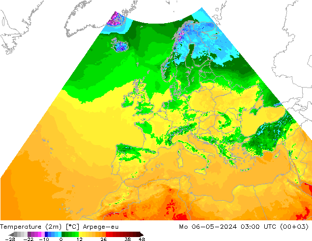 Temperaturkarte (2m) Arpege-eu Mo 06.05.2024 03 UTC