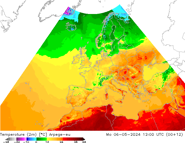 Temperaturkarte (2m) Arpege-eu Mo 06.05.2024 12 UTC