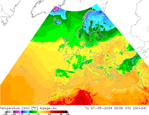 Temperature (2m) Arpege-eu Tu 07.05.2024 00 UTC