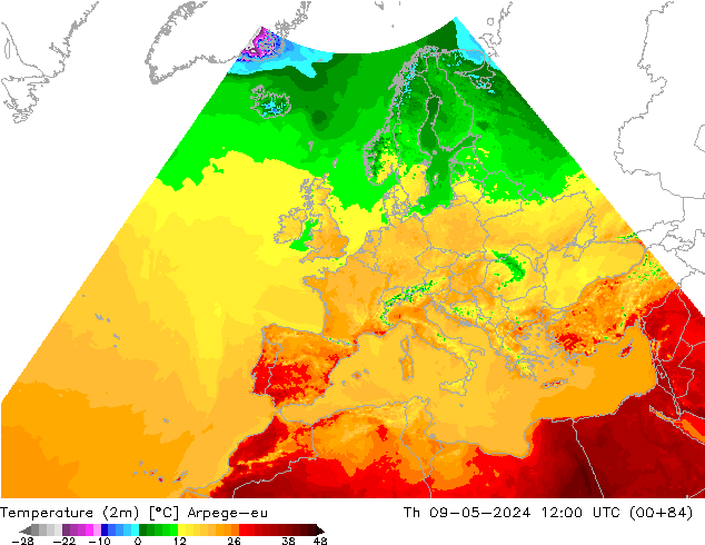 Temperaturkarte (2m) Arpege-eu Do 09.05.2024 12 UTC