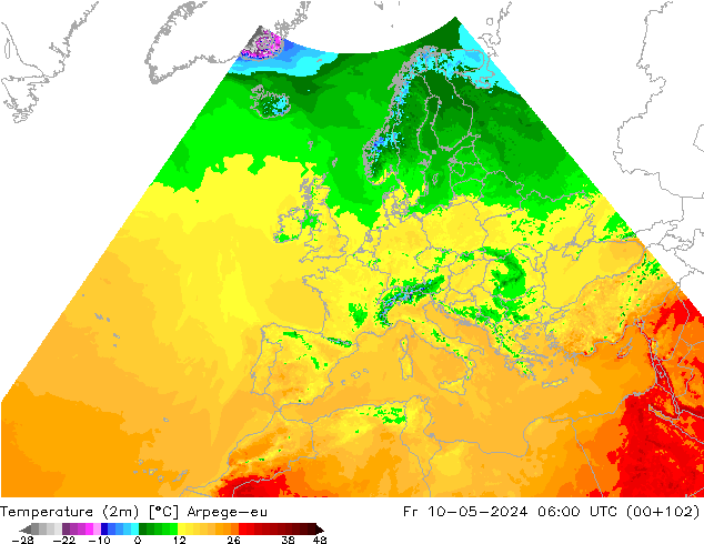 Temperaturkarte (2m) Arpege-eu Fr 10.05.2024 06 UTC