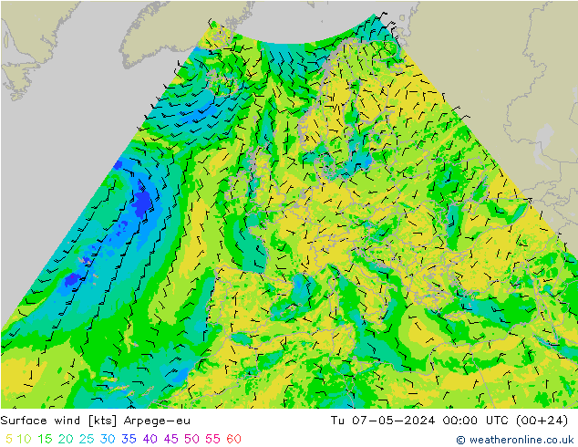Surface wind Arpege-eu Út 07.05.2024 00 UTC