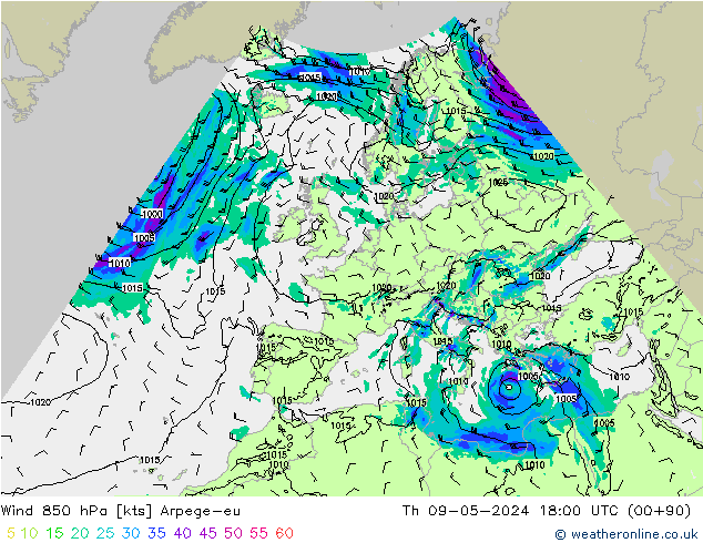 Wind 850 hPa Arpege-eu Čt 09.05.2024 18 UTC