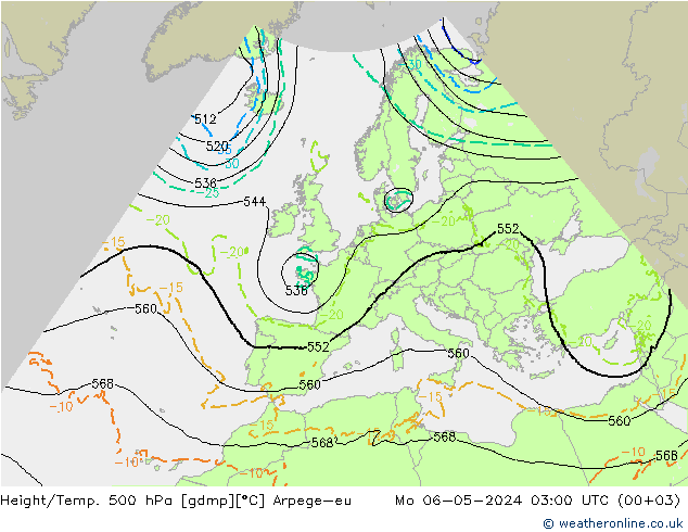 Yükseklik/Sıc. 500 hPa Arpege-eu Pzt 06.05.2024 03 UTC