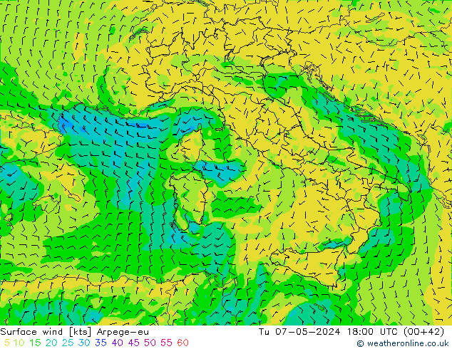 Surface wind Arpege-eu Tu 07.05.2024 18 UTC