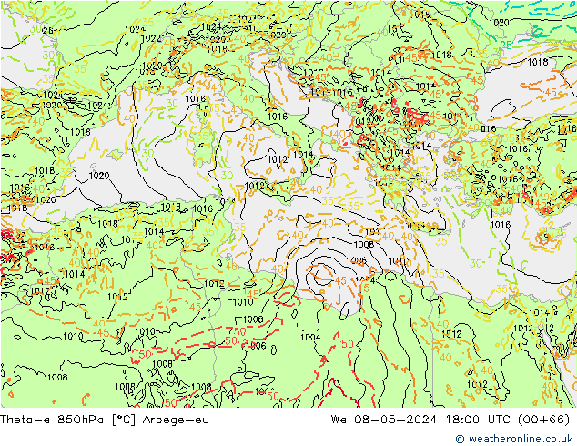 Theta-e 850hPa Arpege-eu Çar 08.05.2024 18 UTC