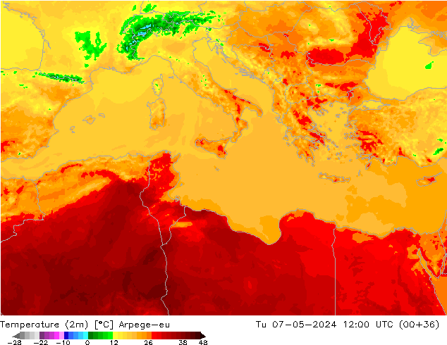 Temperature (2m) Arpege-eu Tu 07.05.2024 12 UTC
