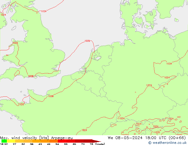 Max. wind velocity Arpege-eu mer 08.05.2024 18 UTC