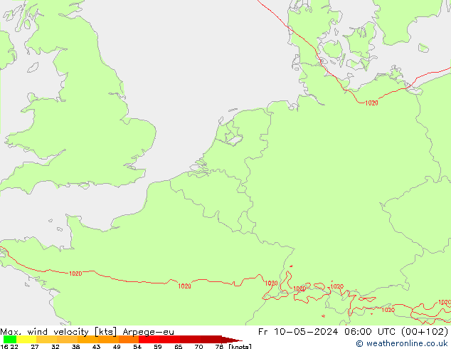 Max. wind velocity Arpege-eu Sex 10.05.2024 06 UTC