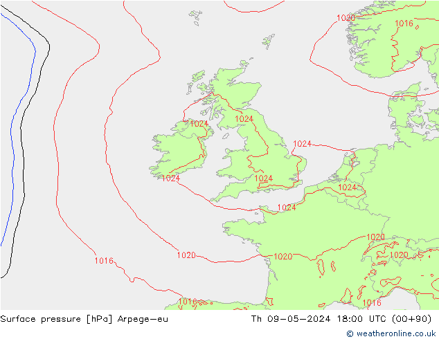 Surface pressure Arpege-eu Th 09.05.2024 18 UTC
