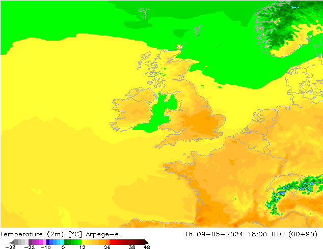 Temperatura (2m) Arpege-eu jue 09.05.2024 18 UTC