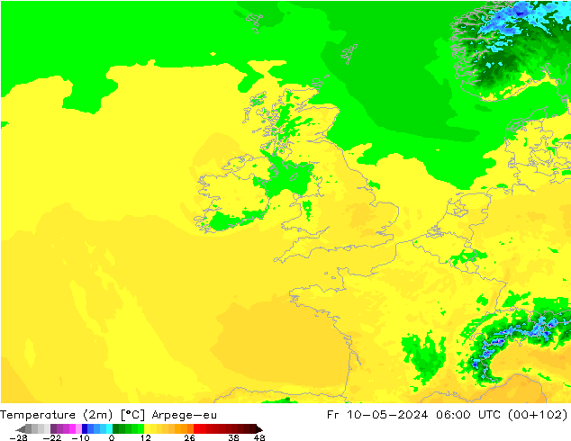 Temperatuurkaart (2m) Arpege-eu vr 10.05.2024 06 UTC