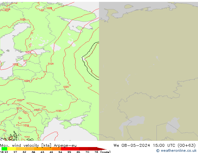 Max. wind velocity Arpege-eu mer 08.05.2024 15 UTC
