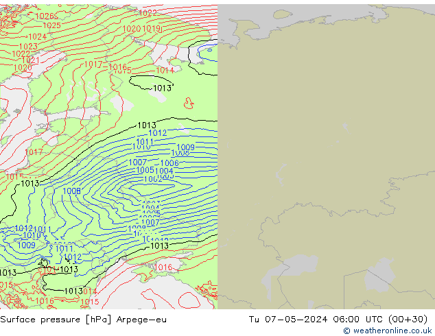 Surface pressure Arpege-eu Tu 07.05.2024 06 UTC