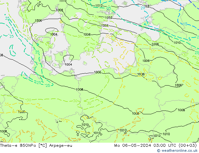 Theta-e 850hPa Arpege-eu ma 06.05.2024 03 UTC