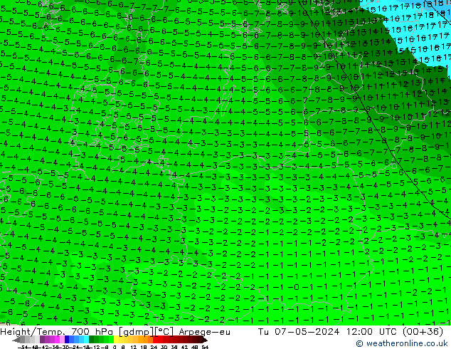 Height/Temp. 700 hPa Arpege-eu Tu 07.05.2024 12 UTC