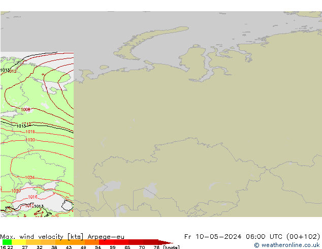 Max. wind velocity Arpege-eu pt. 10.05.2024 06 UTC