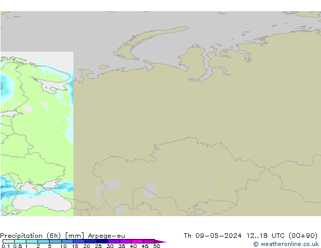 Precipitación (6h) Arpege-eu jue 09.05.2024 18 UTC