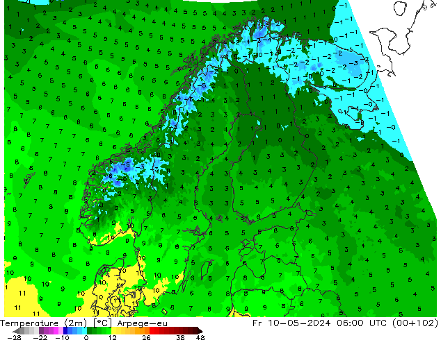 Temperature (2m) Arpege-eu Pá 10.05.2024 06 UTC