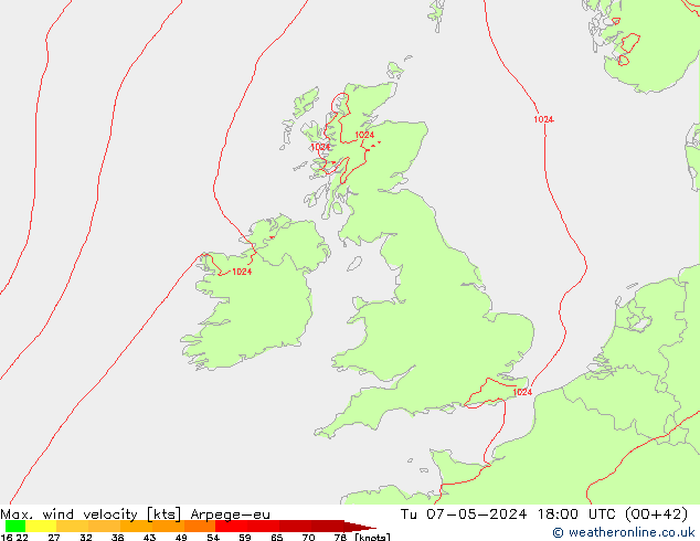 Max. wind velocity Arpege-eu  07.05.2024 18 UTC