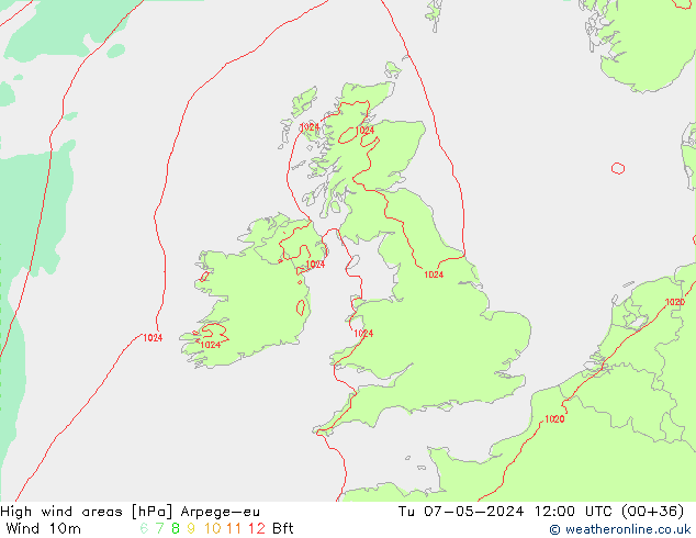 High wind areas Arpege-eu Út 07.05.2024 12 UTC