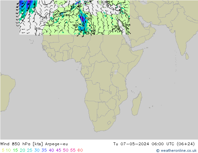 Wind 850 hPa Arpege-eu Di 07.05.2024 06 UTC