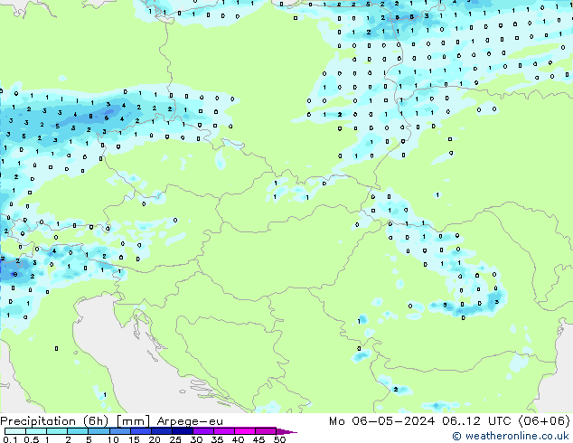 Totale neerslag (6h) Arpege-eu ma 06.05.2024 12 UTC