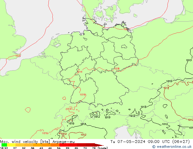 Max. wind snelheid Arpege-eu di 07.05.2024 09 UTC