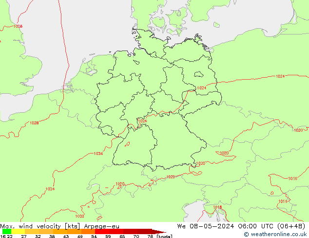 Max. wind velocity Arpege-eu mer 08.05.2024 06 UTC