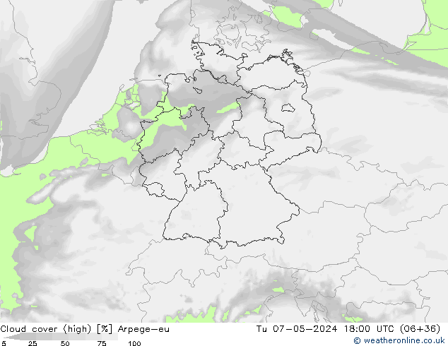 Cloud cover (high) Arpege-eu Tu 07.05.2024 18 UTC